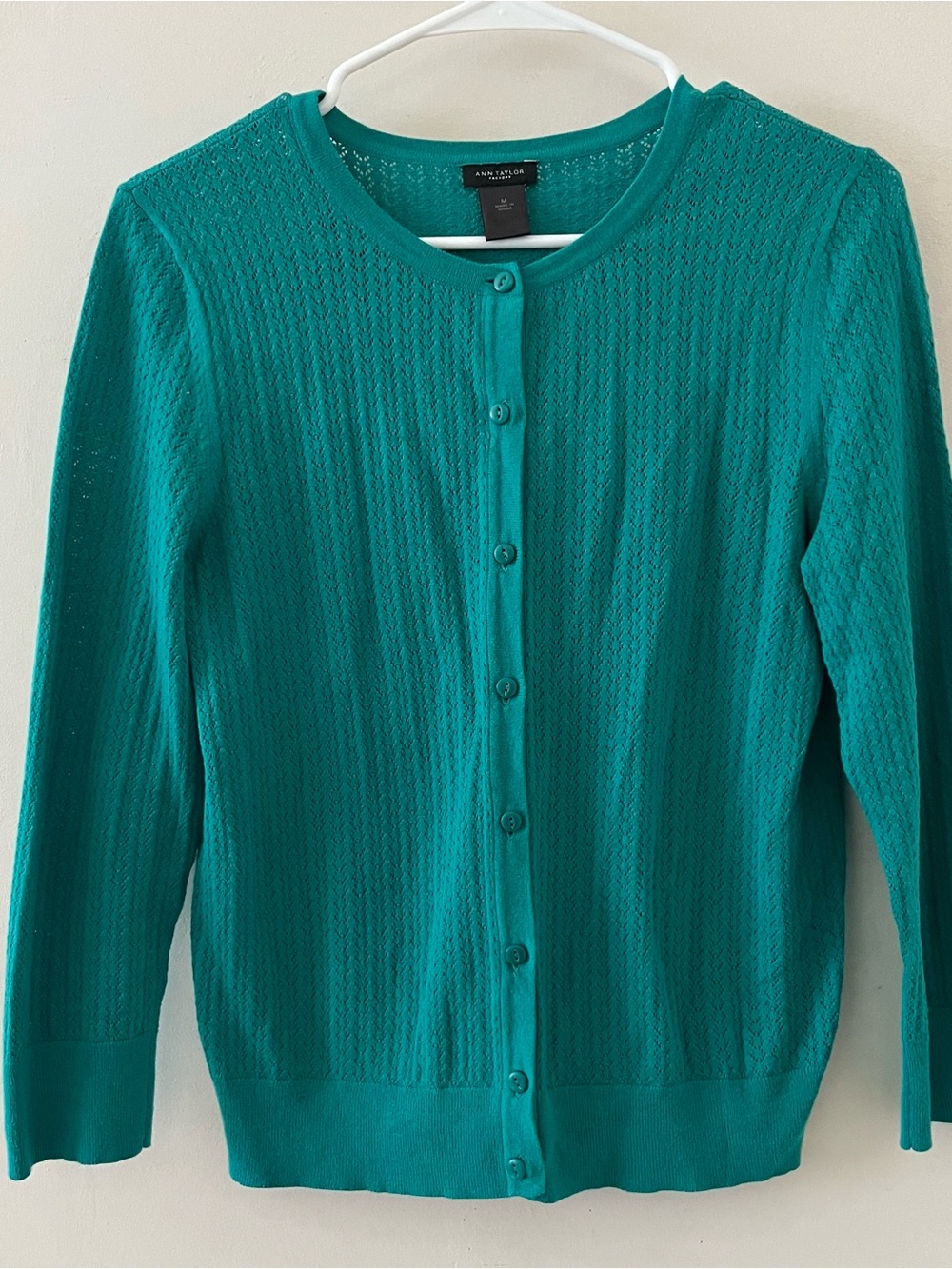 Ann Taylor Factory | teal eyelet cotton blend cardigan